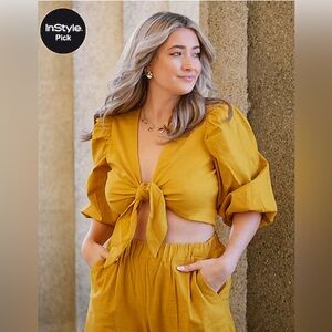 Express Linen Blend Tie Front Puff Sleeve Cropped Top